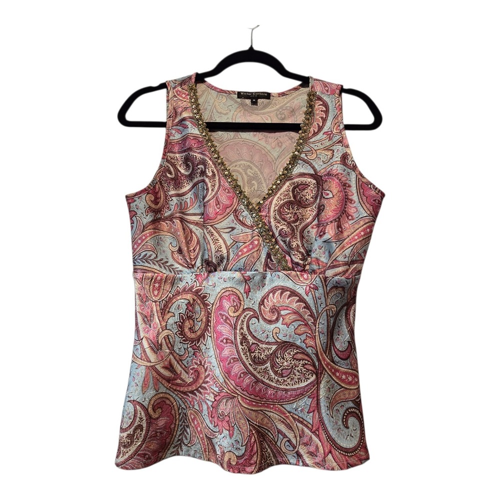 Vintage 90s Y2K Victor Carlini‎ Paisley Baby Doll Tank Top Womens MED Pink Boho